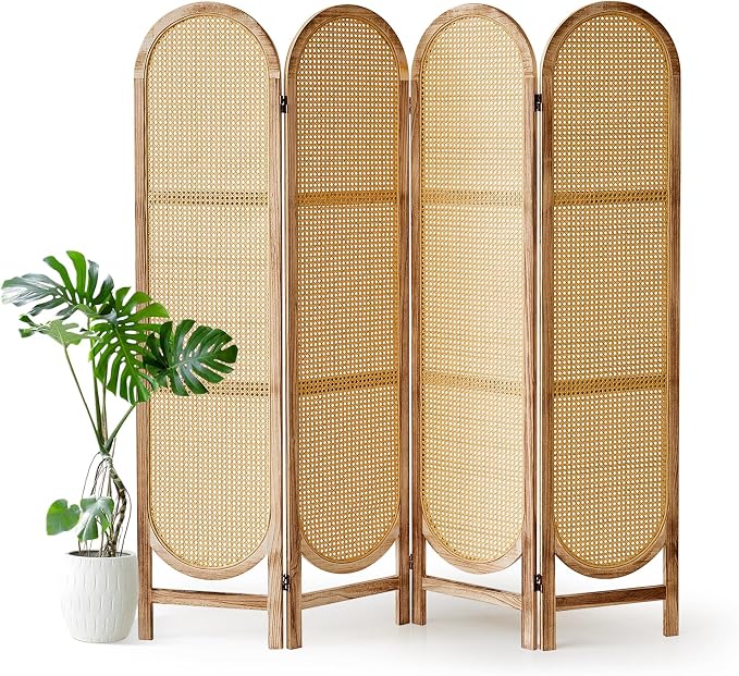 4 Panel Rattan Room Divider Screen, Boho Folding Privacy Screen | Decorative by Aletheiawu