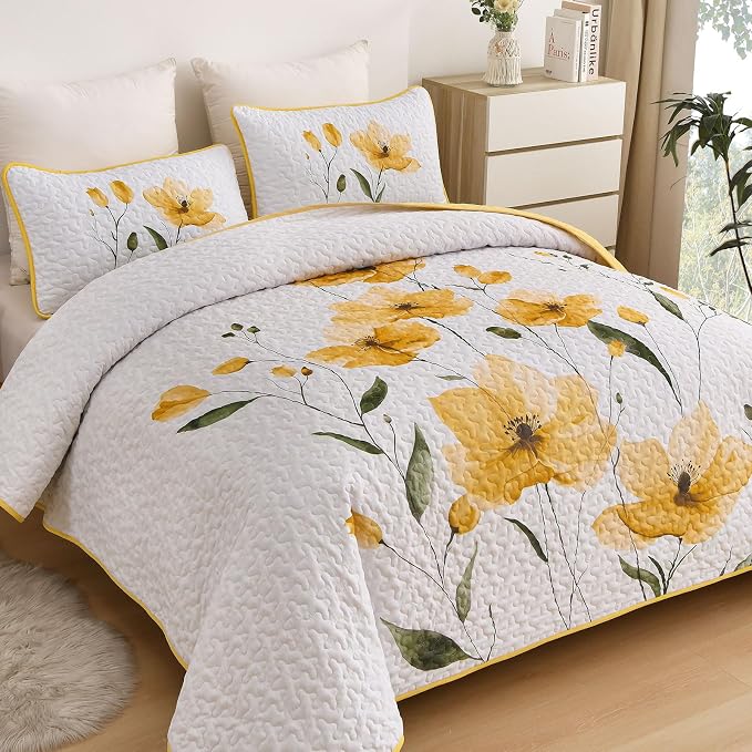 Mybedsoul Full/Queen Quilt Set Yellow, Reversible Polyester Coverlet Set - Image 2