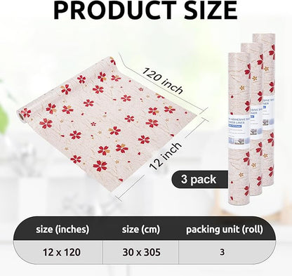 RAY STAR 12X120 Inch Shelf Liner for Kitchen Cabinets, Non-Adhesive Cabinet Liner Washable, PVC Drawer Liner for Dresser Non-Slip Bathroom (Red Floral)(3 Roll)