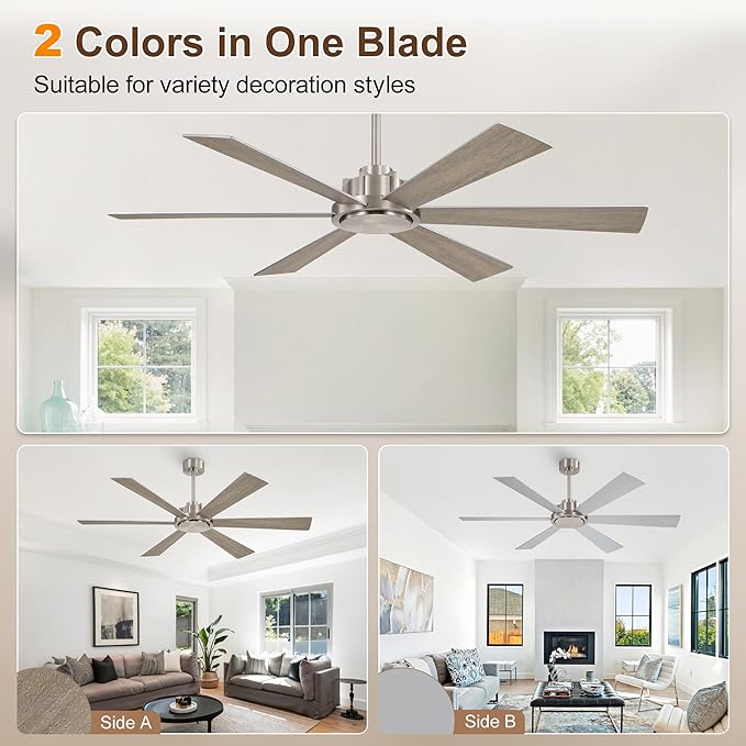 WINGBO 60 Inch Ceiling Fan without Light - 6 Plywood Blades, 6-Speed Reversible DC Motor, Noiseless Remote Control Ceiling Fan No Light for Bedroom Living Room Kitchen, Nickel and Silver/Gray