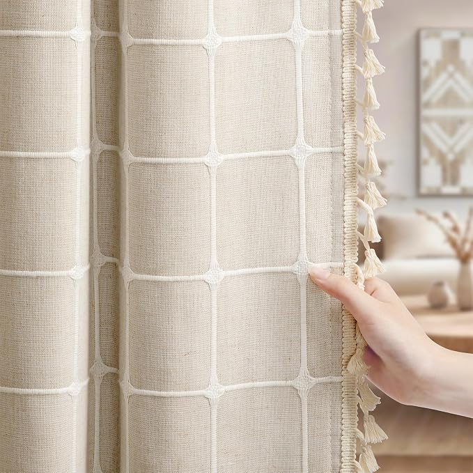 Boho Blackout Plaid Curtains 84 Inch Drapes Linen Blend 2 Panels | Vintage by Unknown