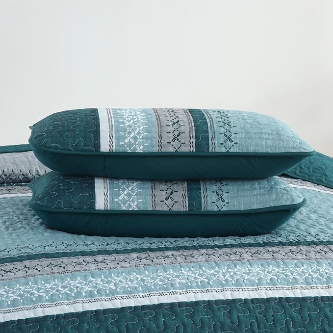 Cottolester Teal Quilt Set King Size, Soft Striped Texture Quilt Set 3 Pcs | - Image 8