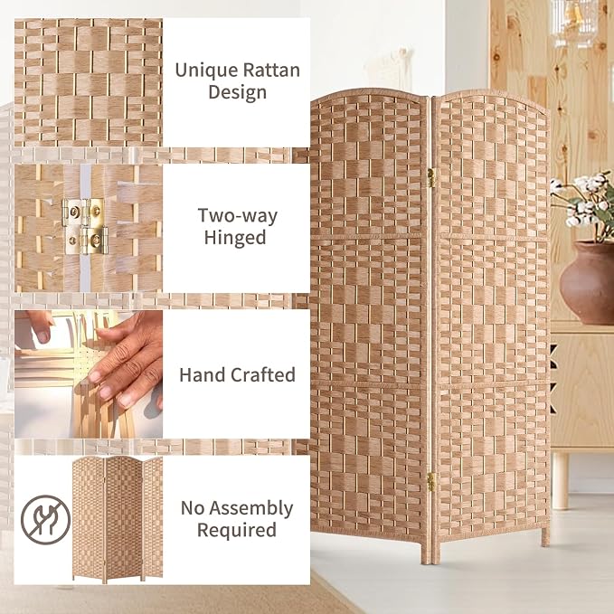 HALLYBEE Short Room Divider, Small Folding Privacy Screens, 4 Panel Natural | - Image 4