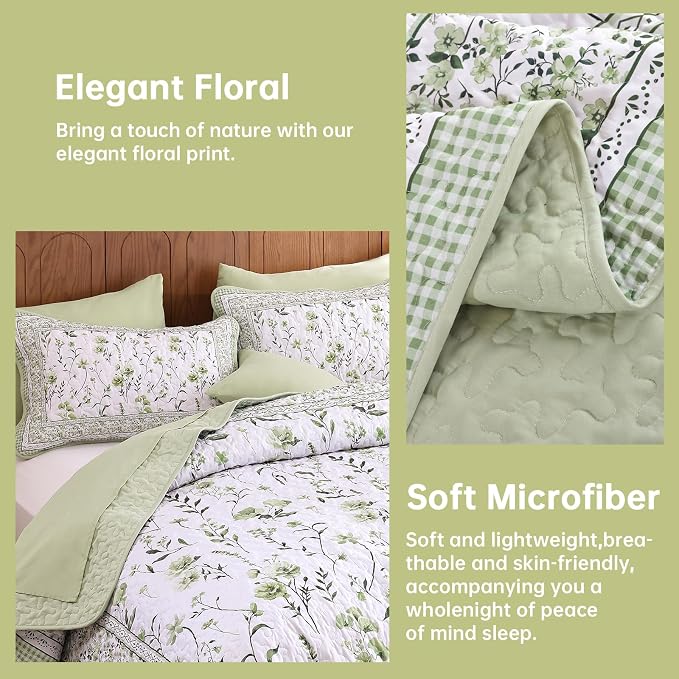 WONGS BEDDING Floral Quilts Set Queen, Sage Green Bedspread Coverlet Set | - Image 4