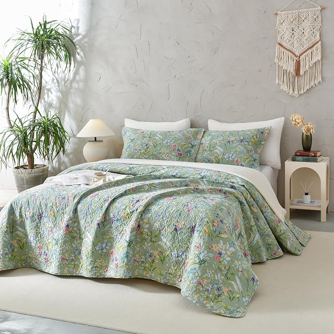 QSH 100% Cotton Quilt King Size Bedding Set 3Pcs Green Floral Quilt Set Summer by QSH