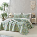 QSH 100% Cotton Quilt King Size Bedding Set 3Pcs Green Floral Quilt Set Summer by QSH