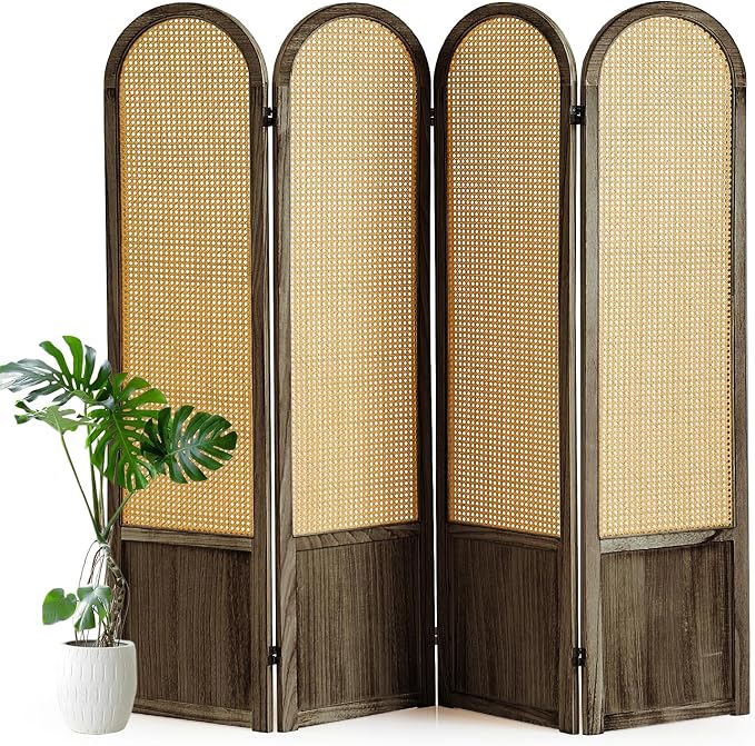 4 Panel Rattan Room Divider Screen, Boho Folding Privacy Screen | Decorative by Aletheiawu