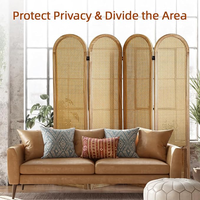 4 Panel Room Dividers and Folding Privacy Screens, Hand-Made Rattan Room Divider - Image 2