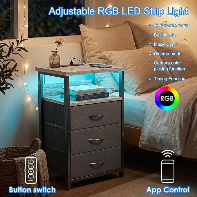 Fixwal Night Stand with 3 Fabric Drawers, Nightstand with Charging Station | - Image 4