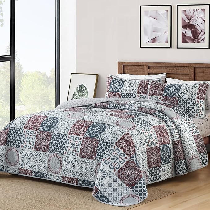 Dobuyly Patchwork Quilt Set Queen Size Boho Plaid Bedspread Red Grey Quilt by Dobuyly