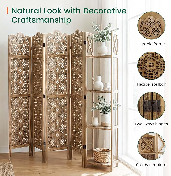 Svimi Wood Room Divider with 4-Tier Shelves, 4 Panel Privacy Screen | 4-panel - Image 3