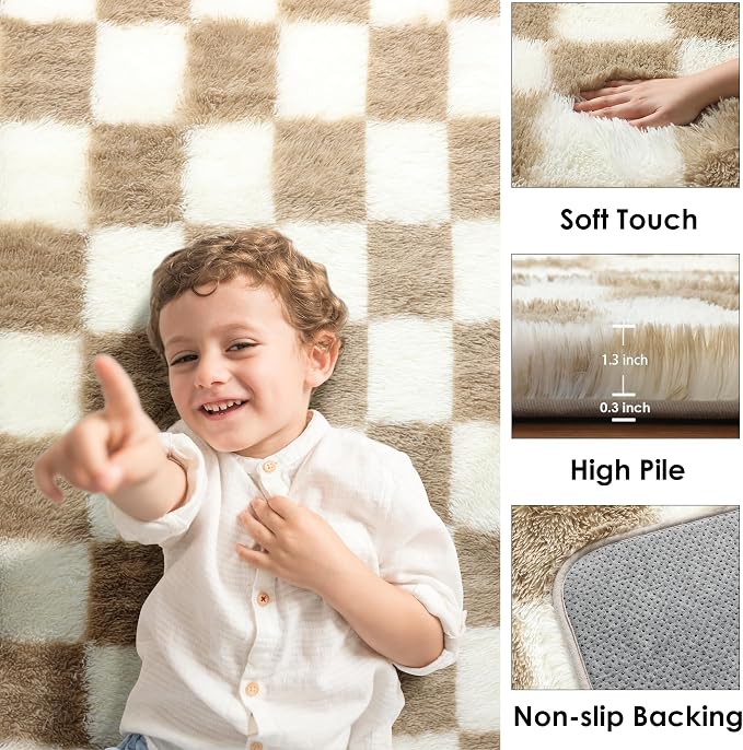 KICMOR Living Room Rug 7x9 Area Rug, Large Fluffy Shag Shaggy Fuzzy Checkered - Image 2