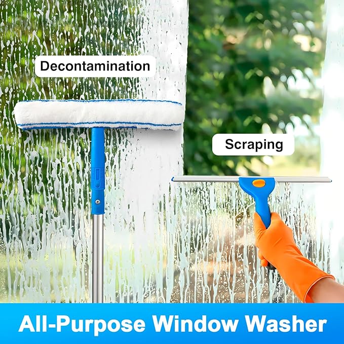 ARTIPOLY Squeegee for Window Cleaning, 14" Extra-Large Squeegee & Microfiber Scrubber Combi with 60" Stainless Steel Pole, Window Cleaning Kit for Shower Glass Mirror Door Car-2 Pads
