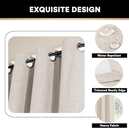 PrinceDeco 100% Black Out Curtains 64 inch Long 2 Panels for Bedroom Anti-Rust Grommet Thermal Insulated Flax Textured Full Blackout Window Draperies with White Liners,Set of 2,W42 X L64,Natural