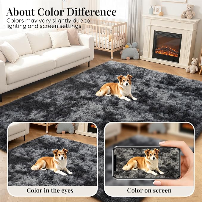 PLHXFR 8x10 Area Rugs Living Room: Fluffy Bedroom Soft Shag Rug Black Grey | - Image 7