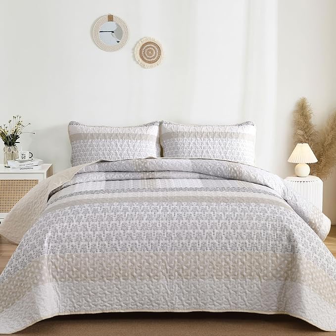 WONGS BEDDING Beige Quilt Set California King, Stripe Bedding Set | Soft - Image 2