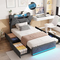 Vabches Twin Bed Frame with Storage Headboard and 4 Drawers,Upholstered Platform with Charging Station and Led Lights,Adjustable Headboard,No Box Spring Needed,Dark Grey