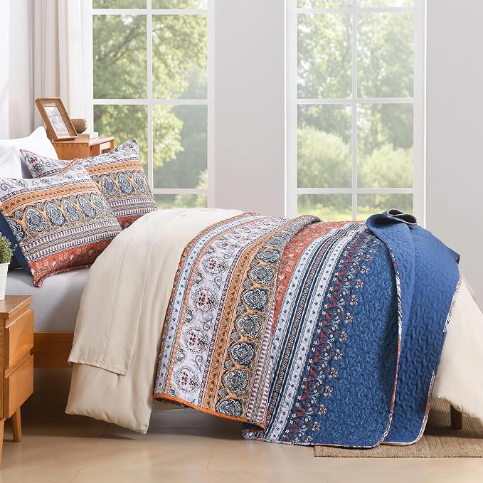 Blue Orange King Size Quilt Set, 3 Pieces Boho Striped Bedspread | Soft - Image 7