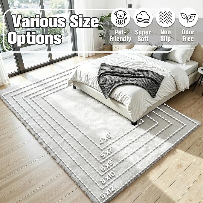 6x9 Fluffy Area Rug for Living Room: Soft Non-Slip White Bedroom Carpet | Ultra - Image 8