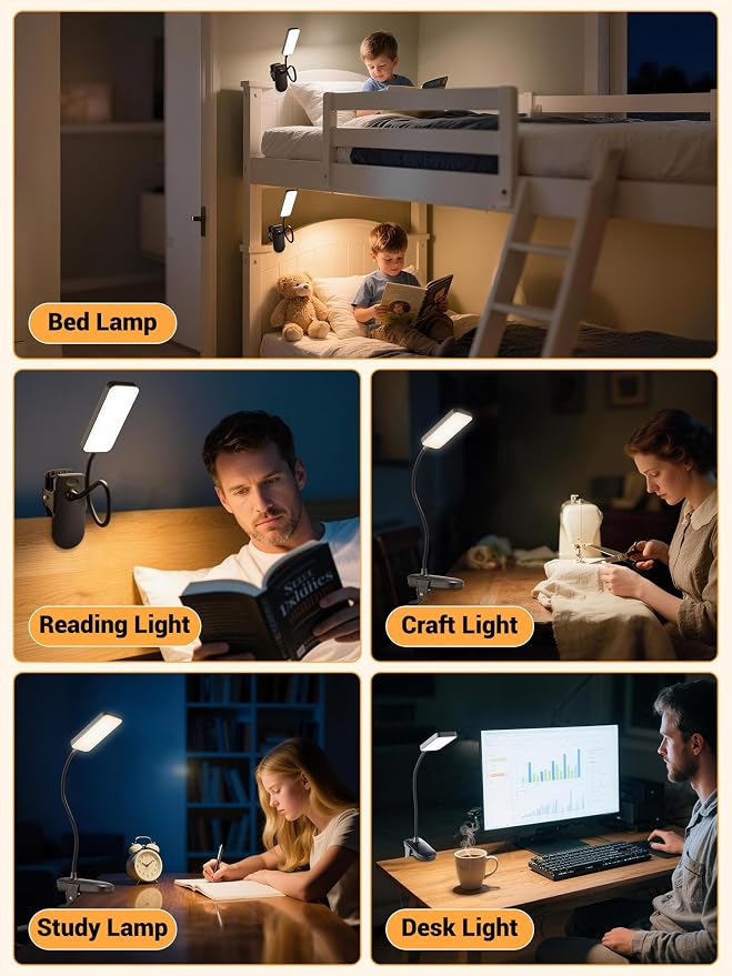 Clip on Light, 9 Brightness+5 Color Rechargeable Lamp, 48 LED Small Desk Lamp | - Image 6