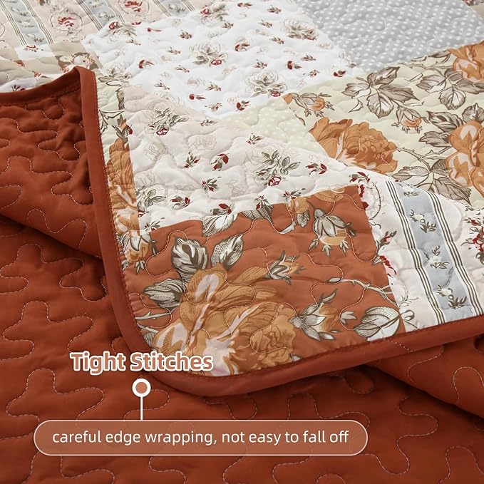 Anibedding Floral Patchwork Quilt Set Queen, Terracotta Plaid Bedspread | 3 Pcs - Image 6