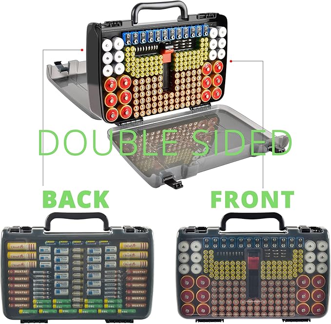 Aptbyte Battery Organizer Storage Holder Box Case with Tester- 269 Batteries Double-Sided Variety Pack, Holds AA AAA 4A C D Cell 9V 3V Lithium LR44 CR2 CR123 CR1632 18650 Button- Grey