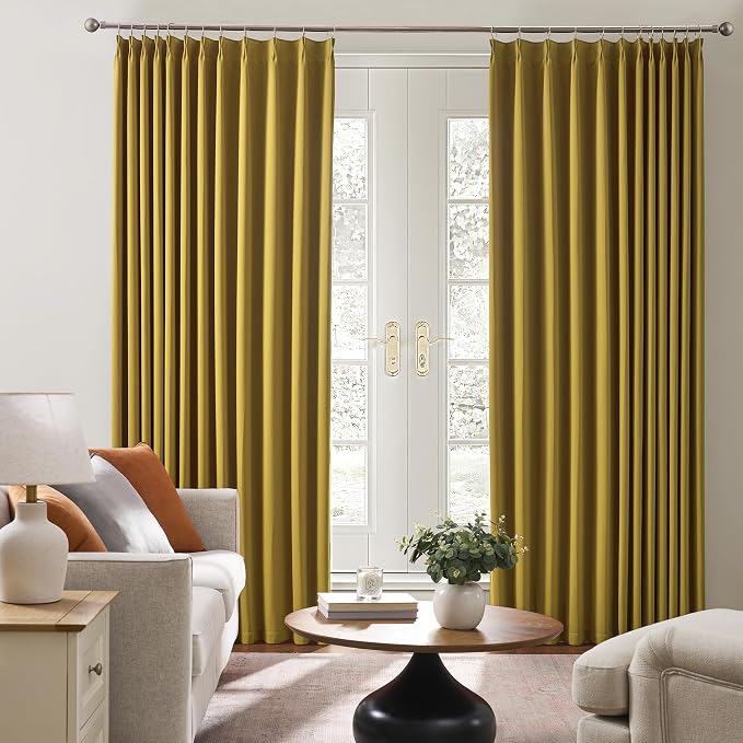 Yellow Pinch Pleated Curtains 90 Inch Length 2 Panels Set Noise Cancelling - Image 4