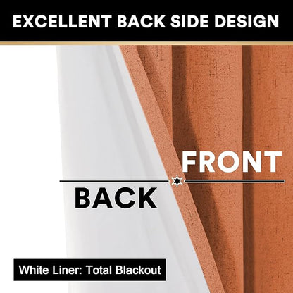 PrinceDeco 100% Absolutely Blackout Linen Curtains with Thermal Insulated White Liner Extra Long Curtains for Living Room Bedroom Noise Reducing Window Treatments Drapes,Set of 2,52 x 108 Inch,Orange