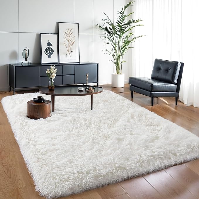 5x7 Thick Cream White Shag Rug for Girls Bedroom, Soft Plush Carpet | Ivory by KICHOWUA