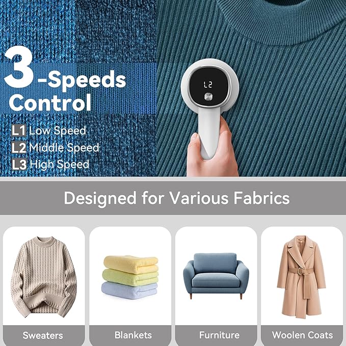 Smyeviva Rechargeable Fabric Shaver for Clothes: 6-Leaf Blades & 3 Speeds to Remove Pilling, Fuzz & Lint Balls - with LED Display, Portable Electric Lint Remover for Sweater, Couch, Blanket, Furniture