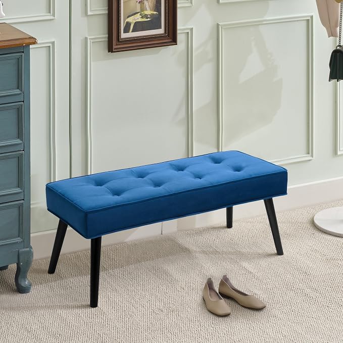 LOULENS Entryway Bench, Dark Blue | Wood Legs, Button Tufted, Upholstered Bench - Image 7
