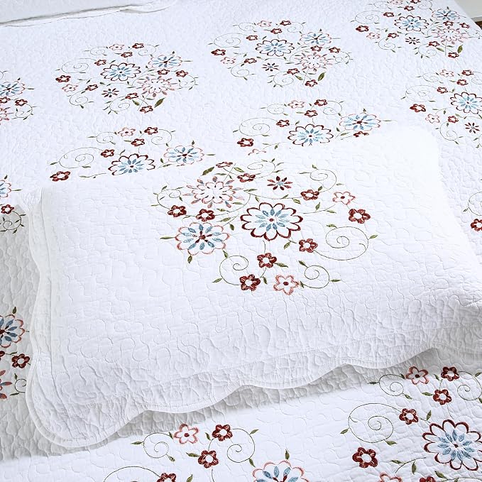 ROOMLIFE Quilt Set Full Size 3D Floral Embroidery Pattern 3-Piece Cotton - Image 4