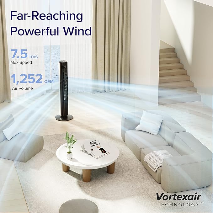 LEVOIT Smart 42 inch Tower Fan for Bedroom, DC motor, Oscillating with Quiet 26ft/s Velocity, 25dB Bladeless Floor Fan for Home Space, 12 Speeds, 4 Modes, 24H Timer with APP, Works with Alexa, Remoter