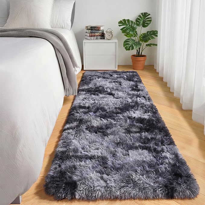Runner Rugs for Bedroom Living Room, Fluffy Tie-Dyed Dark Grey 2x6 Bedside - Image 5