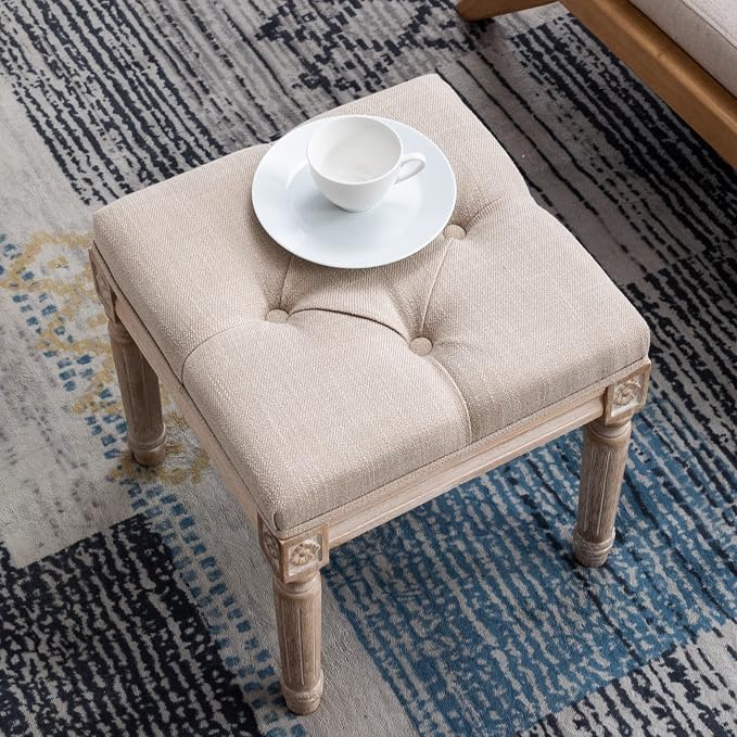 chairus Square Foot Stool with Button Tufted Seat, Small Fabric Upholstered - Image 4