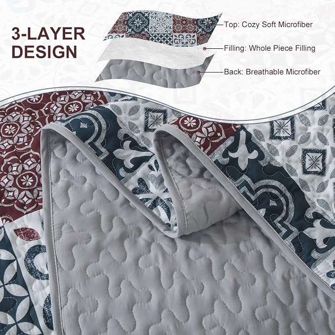 Dobuyly Patchwork Quilt Set Queen Size Boho Plaid Bedspread Red Grey Quilt - Image 7
