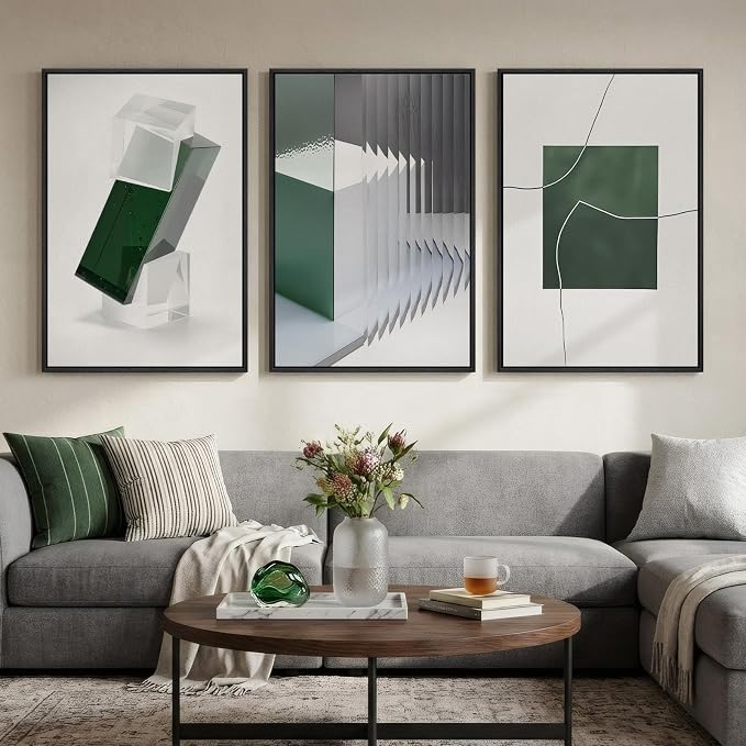 Large Framed Green and White Abstract Wall Art by Cuspin