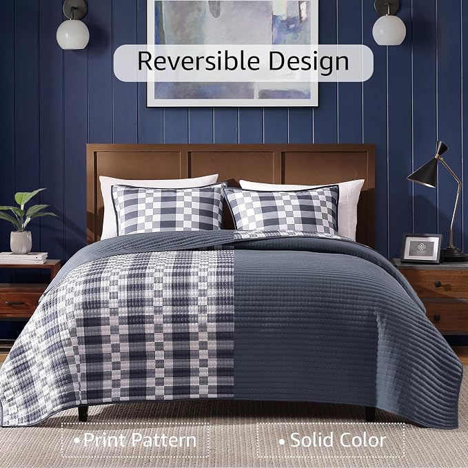 King Quilt-Lightweight Bedspread Plaid Quilt King Size Quilt Bedding Set | Navy - Image 4