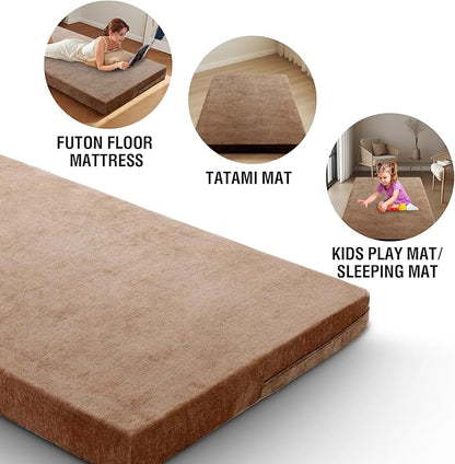 H.VERSAILTEX Twin Size Armless Futon Mattress Covers for Traditional Japanese Futon Mattress Soft Chenille Couch Slipcovers Floor Mats Sofa Protector Zippered Sleeper Sofa Cover,Caramel
