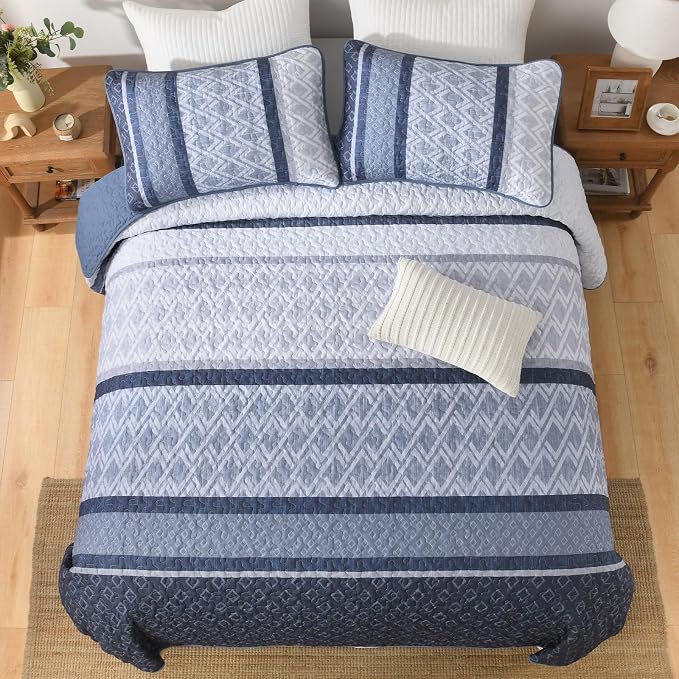 Dinjoy Boho Queen Quilt Set, Striped Bedspread Queen Size, Mineral Blue | 3 - Image 8