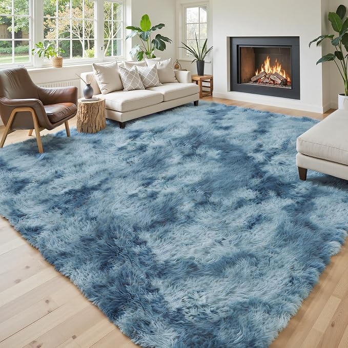 6x9 Shag Area Rug for Living Room, Dark Blue Tie-Dyed Plush Fluffy Carpet | - Image 2