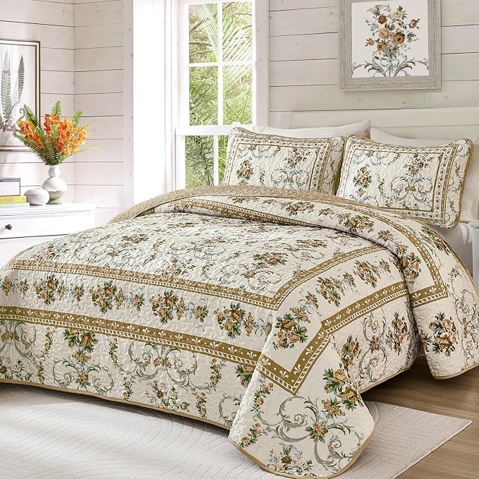 Anibedding Floral Quilt Set Queen, Retro Brown Flower Quilts 3PCs Bedspread | - Image 2