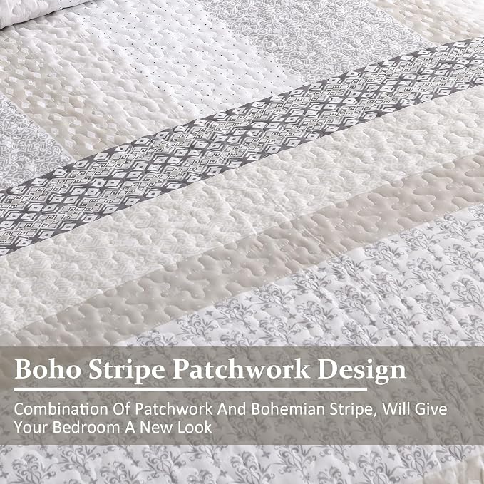 WONGS BEDDING Beige Quilt Set California King, Stripe Bedding Set | Soft - Image 7