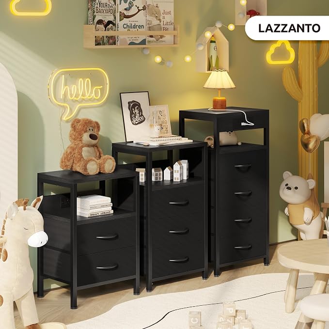 Lazzanto Night Stand with Charger Station, 3 Fabric Drawers, Bedside Table - Image 8