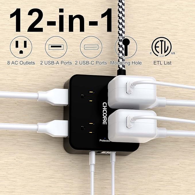 Surge Protector Power Strip - CHCORE 20Ft Braided Extension Cord with 8 Outlets with 4 USB (2 USB C) Charging Ports, Flat Plug Multi Plug Outlet Extender Charging Station for Home Office, ETL, Black