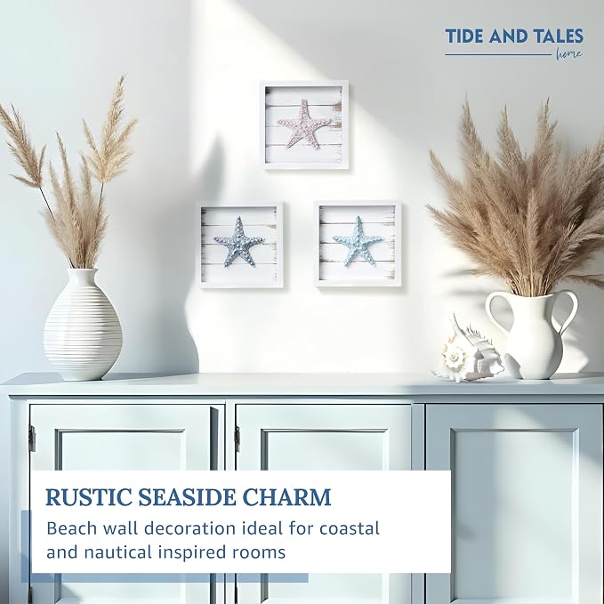 Tide and Tales 3D Starfish Wall Art, Framed Set of 3, Beach Bathroom Decor | 7" - Image 4
