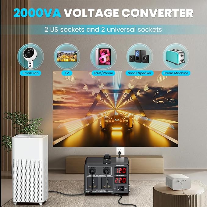2000W Voltage Converter Transformer(110V to 220V or 220V to 110V) Step Up/Down Converter 110/120 Volt - 220/240 Volt w/US Power Cord,Circuit Breaker Protection, LCD Screen Display