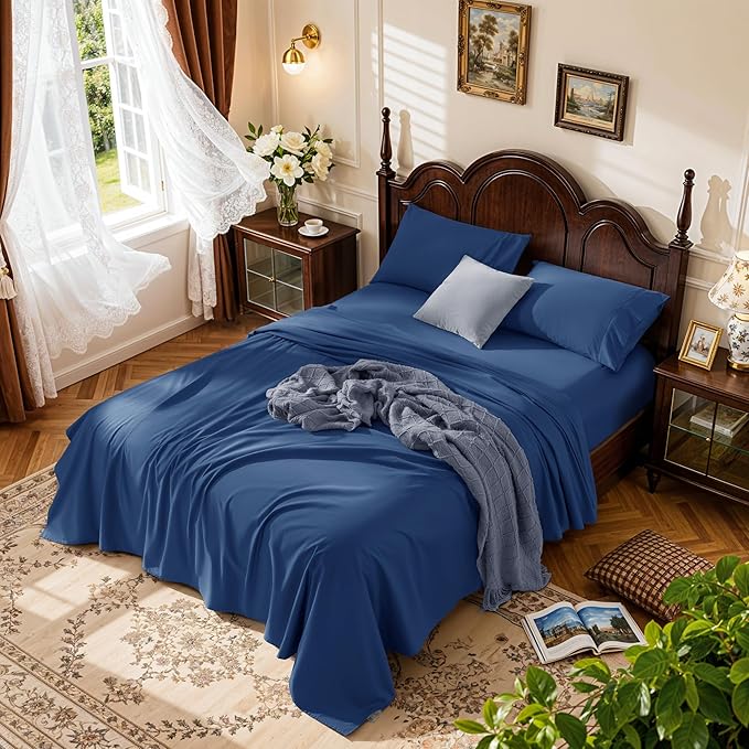 LBRO2M 1000 Thread Count 100% Cotton Sheets Set,California King Size Bed Sheet 4 Piece Sets,Long Staple,16 Inches Deep Pocket,All Season,Bedding Super Soft Comforterble Breathable(Navy Blue)