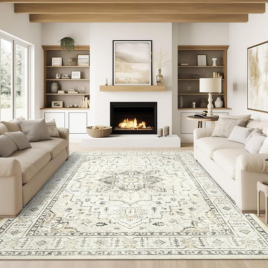 zesthome Area Rug 8x10,Ultra-Thin Washable Rugs for Living Room, Non-Slip Backing Area Rugs,Small Entryway Rug,Vintage Medallion Pattern Rugs (Beige,8'x10')