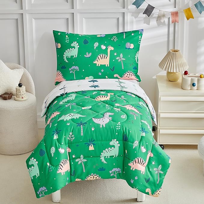 DuShow Dinosaur Toddler Bedding Set for Boys, 4 Pieces Soft Crib Bed Set Including Comforter, Fitted Sheet, Flat Top Sheet and Pillowcase-Green